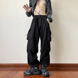 Men Solid Cargo Pants Harajuku Hip Hop Elastic Waist Loose Trousers Streetwear Male Casual Pockets Drawstring Baggy Pants