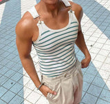Tops American Style Men's Horizontal Stripe Blue&White Strap Buckle Design Vests Casual Men's Sports Knit Waistcoat