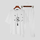 Men Sets Printing  Muslim Fashion O-neck Hafl Sleeve T Shirt & Pants 2PCS Streetwear Loose Men Casual Suits S-5XL INCERUN