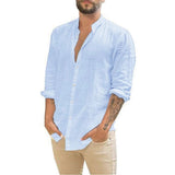 Cotton Linen Hot Sale Men's Long-Sleeved Shirts Summer Solid Color  Stand-Up Collar Casual Beach Style Plus Size