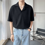 American Solid Color Cuban Collar T-shirt Short Sleeve Mens Niche Design New Summer Lapel Loose Waffle T Shirts for Men