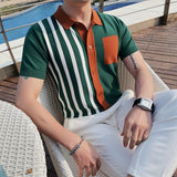 Korean style Men's Summer Leisure Ice Silk Knitting Polo Shirts/Male Slim Fit High Quality Casual Stripe Polo Shirt