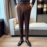 Autumn Winter Pantalones Hombre High waist Waffle Business Casual Suit Pants For Men Clothing Slim Fit Formal Wear Trousers 36
