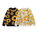 Couples Loose Knit Sweater Round Neck Oversize Casual Chrysanthemum Print Sweater Men's Street Harajuku Fashion Jumper Autumn