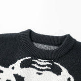Streetwear Oversized Knitted Sweaters Mens Vintage Skeleton Bone Printed Hip Hop Harajuku Patchwork Casual Pullover Unisex Black