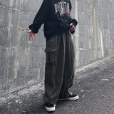 Big Pocket Cargo Pants Men's Casual Solid Color Straight Pants Baggy Wide-leg Ankle-length Pants Men Elastic Waist Pants