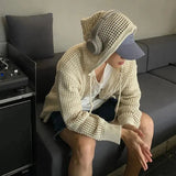 HOUZHOU Vintage Knit Mesh Coat for Men Hole Hooded Cardigan Long Sleeve Tee Male Casual Summer Japanese Streetwear Hip Hop