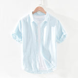 Pure Linen Short Sleeve Shirt for Men Summer New Japanese Fashion Tops Male Solid Gray Vintage Slim Fit Hemp Shirt