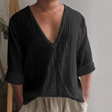 Vintage Imitation Linen Shirt Men Breathable Casual Long Sleeve Oversize Tops Summer V Neck Boho Style Mens Shirts 의류 Кофта