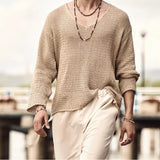 Autumn Men Long Sleeve T Shirt Vintage Solid Knitting Tops Mens Casual Loose V Neck Tee Fashion Male Knitted Clothing Streetwear