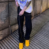 Cross Zipper Decorate Solid Black Mens Cargo Pants High Street Retro Straight Elastic Waist Casual Trousers Loose Overalls