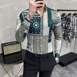 British Style Fashion Green Printed Shirts Men Retro Slim Fit Long Sleeve Floral Shirt Streetwear Homme Social Party Clothing