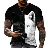 Lion Fighting Animal Beast Fierce Lion Wolf 3D T Shirt New Summer Men's Oversized Short Sleeve Black and White Design Polyester