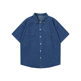 Blue Denim Short Sleeve Shirts Men Summer Thin Korean Fashion Top Vintage Oversize Baggy Cardigan Blouses Casual Man Y2K Clothes
