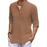 Men Shirt New Mens Linen Long Sleeve V-Neck T Shirt Solid Color Casual Hawaiian Shirt Yoga Button Breathable Top Shirts for Men