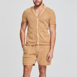 Men's Two-piece Set Knit Solid Color Hollow Out Suit Short Sleeve Lapel Pocket Top Drawstring Shorts New Fashion