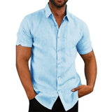 Cotton Line Hot Sale Men's Short-Sleeved Shirts Summer Solid Color Turn-down collar Casual Beach Style Plus Size
