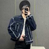 Men's Korean Style Denim Jacket New Fashion Burrs Shoulder Pad Male Jackets Trendy Single Breasted Patchwork Menwear