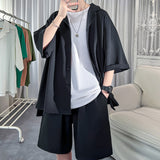 Korean Style Men's Set Shirt+Shorts Solid Short Sleeve Top Matching Bottoms Summer Fashion Oversized Clothing Men