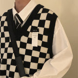 Autumn Arctic Velvet Checkerboard Pattern Men's Sweater Vest Retro V-neck Sleeveless Knit Vest Woolen Korean Clothes