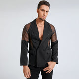 Gotmes Men Blazer Mesh Patchwork See Through Streetwear Double Breasted Lapel Long Sleeve Outerwear Fashion Men Casual Suits