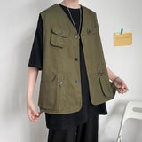Mens Fashion Tooling Vest Men Streetwear Cargo Vest Hip Hop Sleeveless Jacket Gilet Military Multi-Pocket Outdoors Tactical Coat
