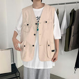 Mens Fashion Tooling Vest Men Streetwear Cargo Vest Hip Hop Sleeveless Jacket Gilet Military Multi-Pocket Outdoors Tactical Coat
