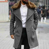 Autumn Winter Solid Color Fashion Fur Collar Long Sleeve Double Breasted Lapel Temperament Simplicity Keep Warm ArmyGreen