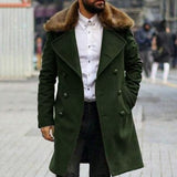 Autumn Winter Solid Color Fashion Fur Collar Long Sleeve Double Breasted Lapel Temperament Simplicity Keep Warm ArmyGreen
