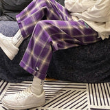 Casual Men's Plaid Pants Harajuku Men's Clothing Purple Checkered Pants Korean Style Checked Trousers Ankle-Length
