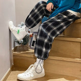 Casual Men's Plaid Pants Harajuku Men's Clothing Purple Checkered Pants Korean Style Checked Trousers Ankle-Length