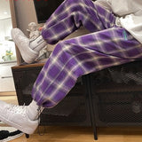 Casual Men's Plaid Pants Harajuku Men's Clothing Purple Checkered Pants Korean Style Checked Trousers Ankle-Length