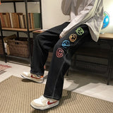 Black Jeans for Men Colorful Smiley Print Straight Leg Denim Pants Teen Hip Hop Clothes Male Baggy Trousers Oversized Streetwear