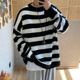 Gotmes Men's Autumn Round Neck Sweater Korean Loose Casual Oversize Knit Pullover Youth Trend Fashion Striped Sweater Men