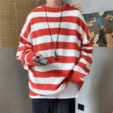 Gotmes Men's Autumn Round Neck Sweater Korean Loose Casual Oversize Knit Pullover Youth Trend Fashion Striped Sweater Men