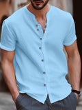 Men's Shirt Linen Shirt Summer Shirt Beach Shirt Black White Pink Short Sleeve Plain Band Collar Summer Casual Daily Clothing Apparel