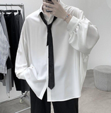 Black Long-sleeved Shirts Men Korean Comfortable Blouses Casual Loose Single Breasted Shirt With Tie